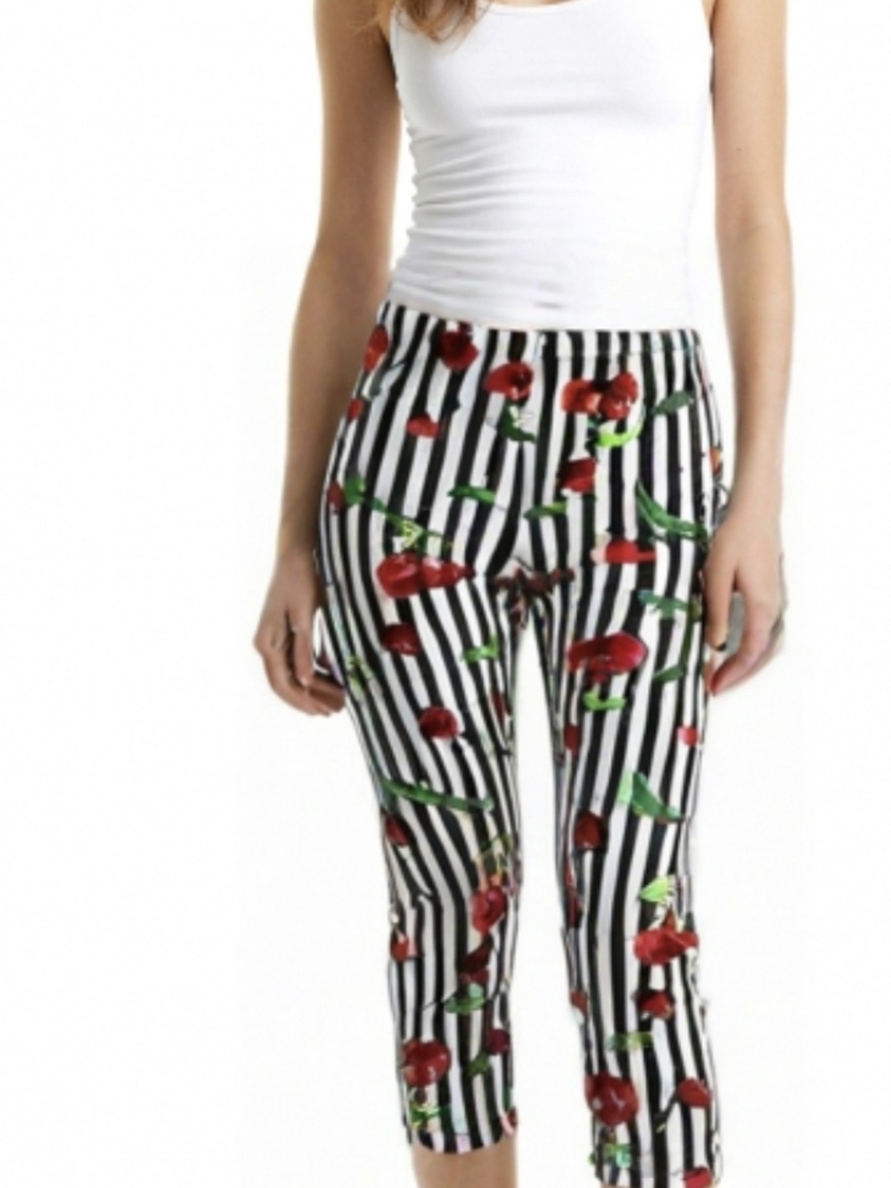 New Mix Black & White Striped Capri with Red Cherry Print